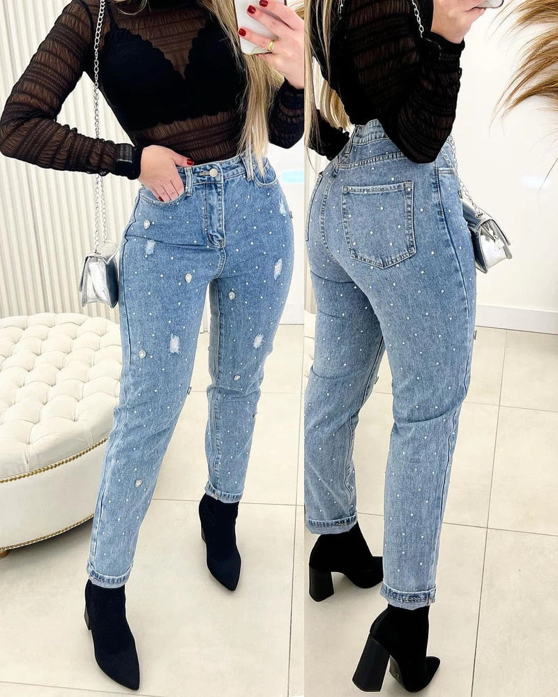 Calça Jeans Mom Pedraria Tifany